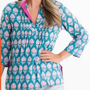 New!! Pomegranate Teal Pom Flower Pintuck Blouse Size S